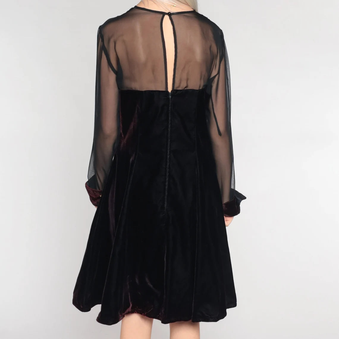 Vestido de fiesta vintage de terciopelo, con encaje negro y escote transparente, minivestido para graduación, cóctel, formal, de noche y manga larga.